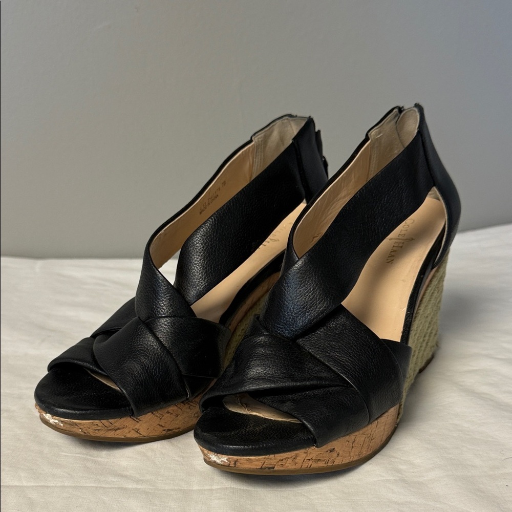 Cole Haan Black Leather Cork Wedge Sandals Size 7B